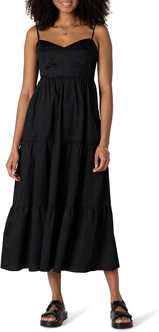 Women's Fit and Flare Empire Waisted Cotton Sateen Tiered Maxi Dress