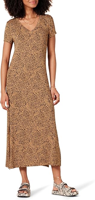 Women's Stretchy Jersey V-Neck Short Sleeve Midi Length Dress
